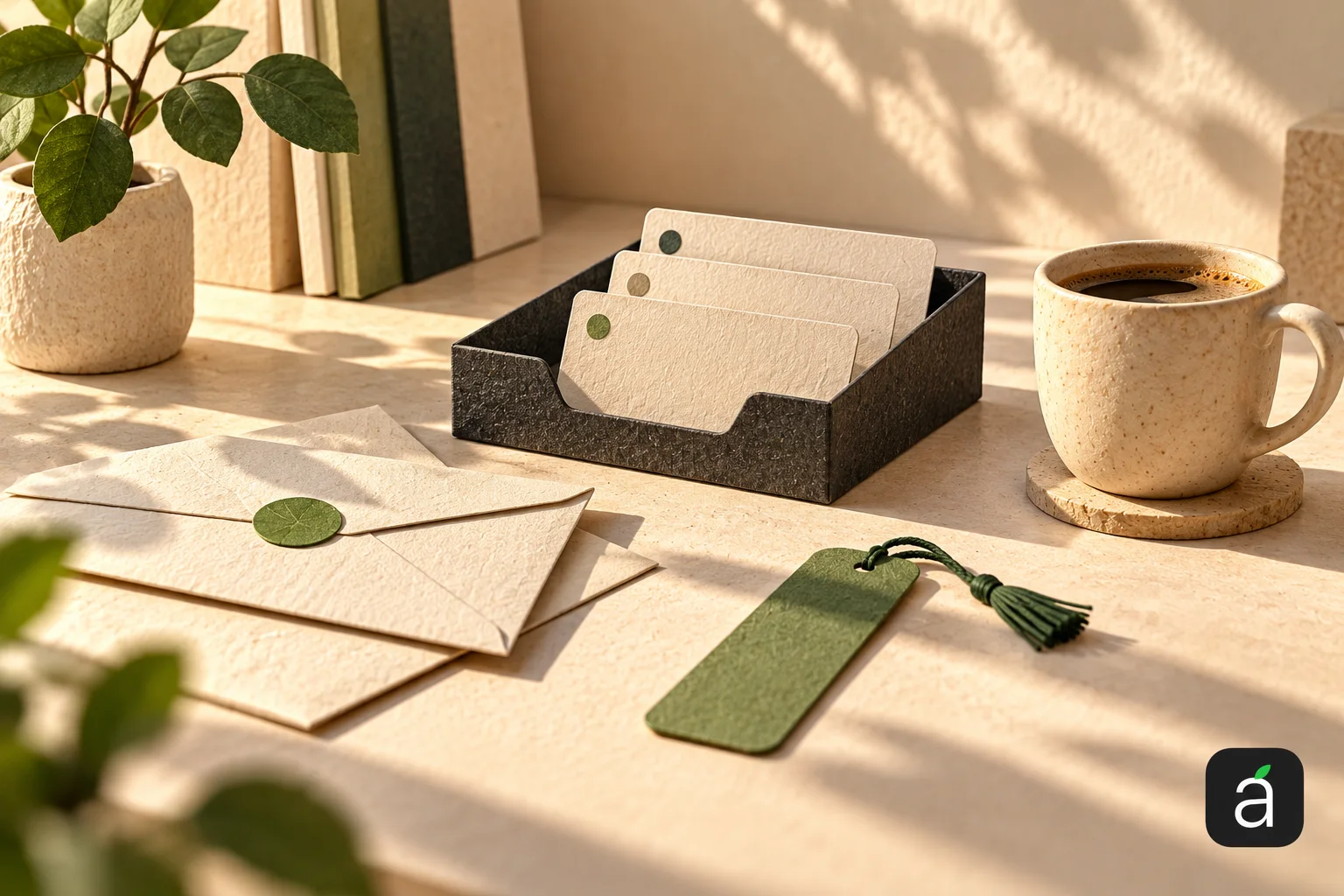 AppleApps editorial illustration of envelopes, a letter tray, a green bookmark and a ceramic cup, with the AppleApps mark at bottom right.