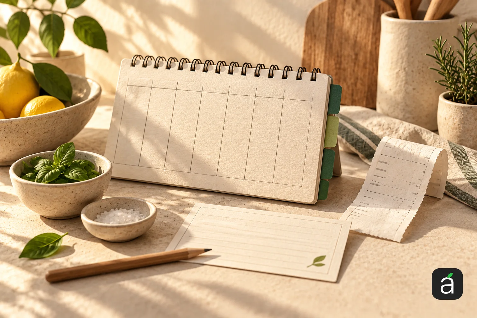 AppleApps editorial illustration of a weekly planner, recipe card, receipt and bowls, with the AppleApps mark at bottom right.