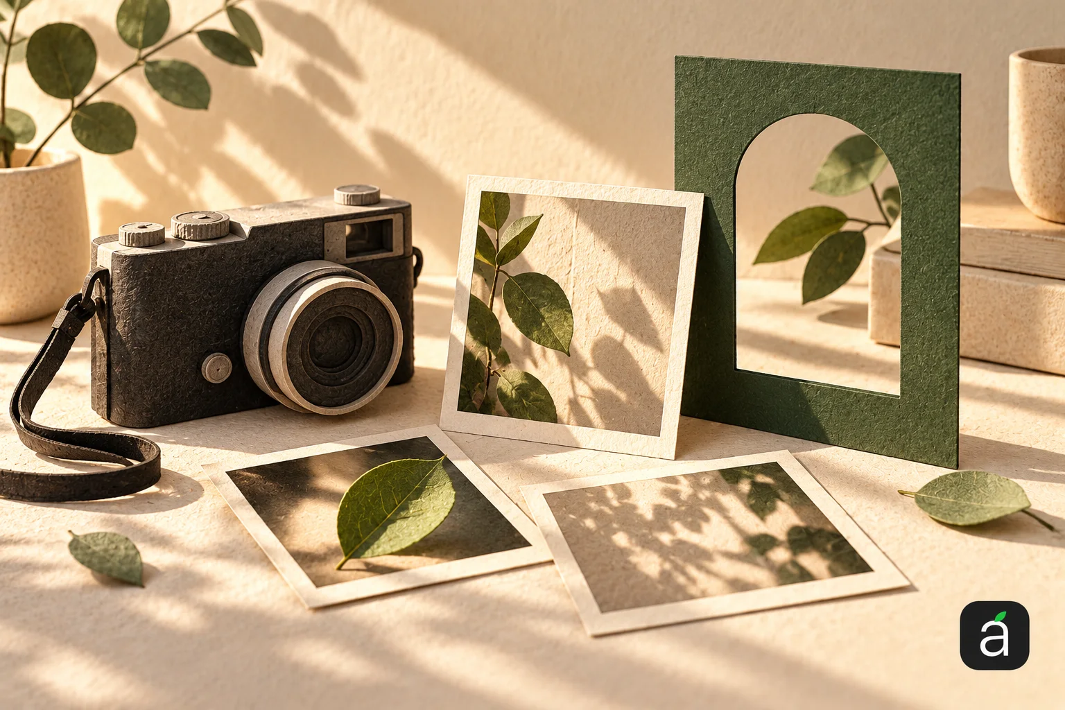 AppleApps editorial illustration of a camera, leaf photographs and a green framing window, with the AppleApps mark at bottom right.