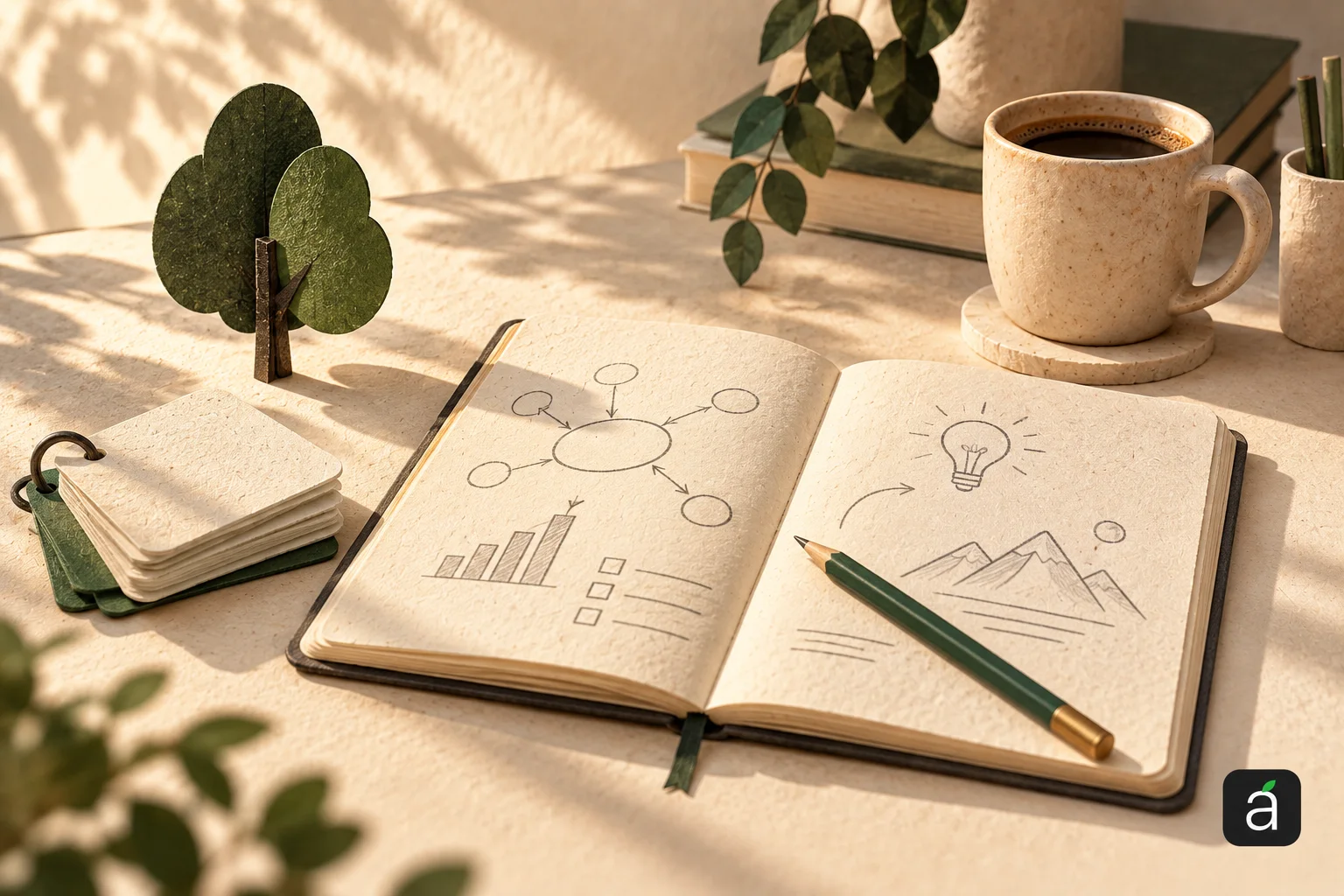 AppleApps editorial illustration of a notebook, flashcards, a pencil and a paper tree, with the AppleApps mark at bottom right.
