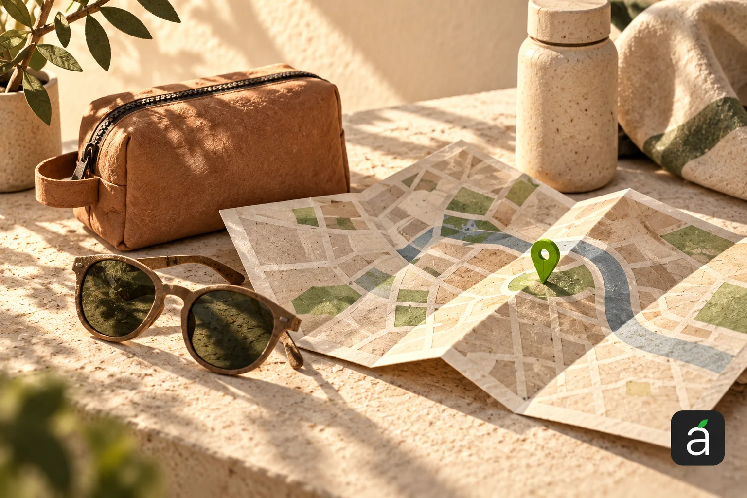 AppleApps editorial illustration of a folded map, travel pouch, sunglasses and a green marker, with the AppleApps mark at bottom right.