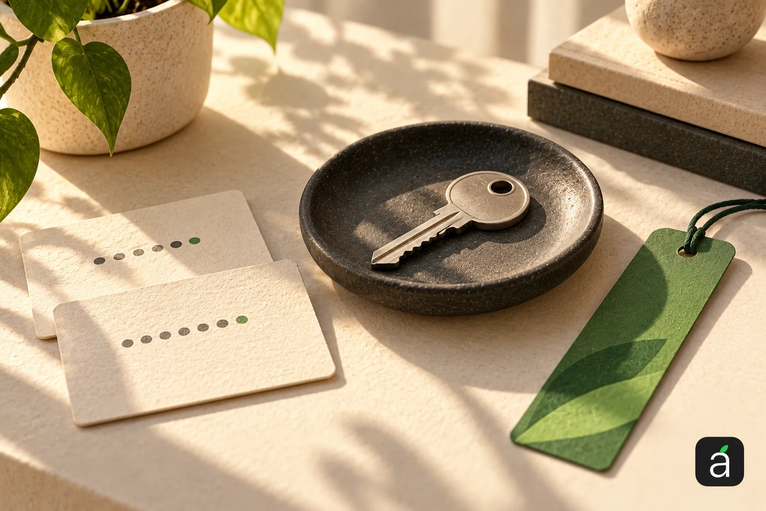 AppleApps editorial illustration of a metal key in a dark dish, dotted cards and a green bookmark, with the AppleApps mark at bottom right.