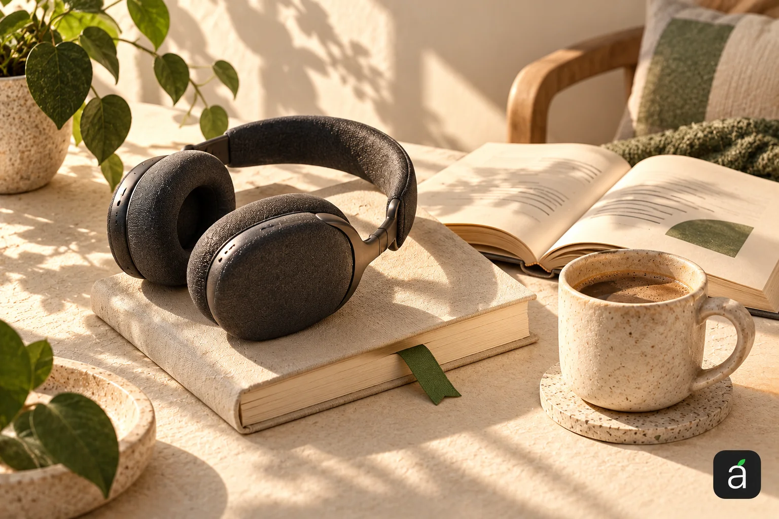 AppleApps editorial illustration of headphones, books, a green bookmark and a ceramic cup, with the AppleApps mark at bottom right.